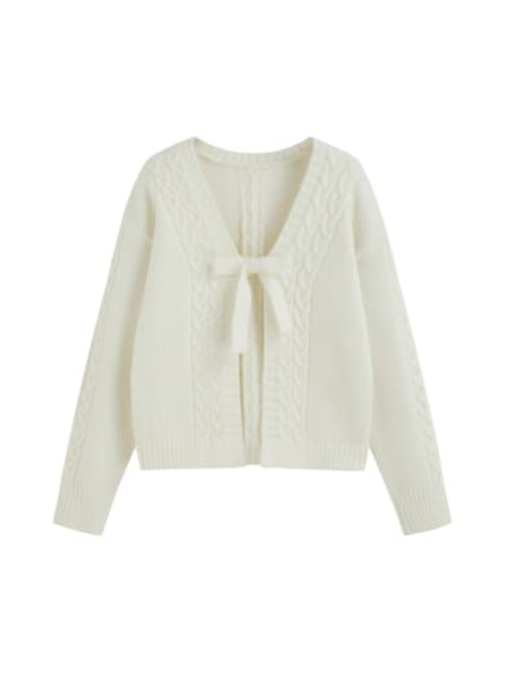 Women's Cable Knit Crop Cardigan Tie Front V Neck Long Sleeve Sweater